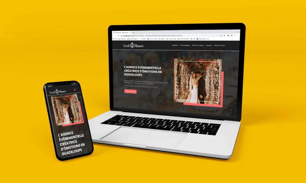 Un ordinateur portable, un téléphone et une tablette sont affichés sur fond jaune.