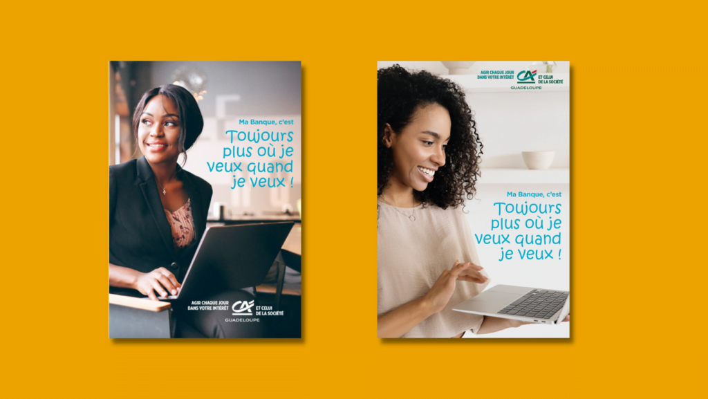Deux bannières représentant une femme tenant un ordinateur portable sur fond orange, ressemblant au style d'Aurorae.