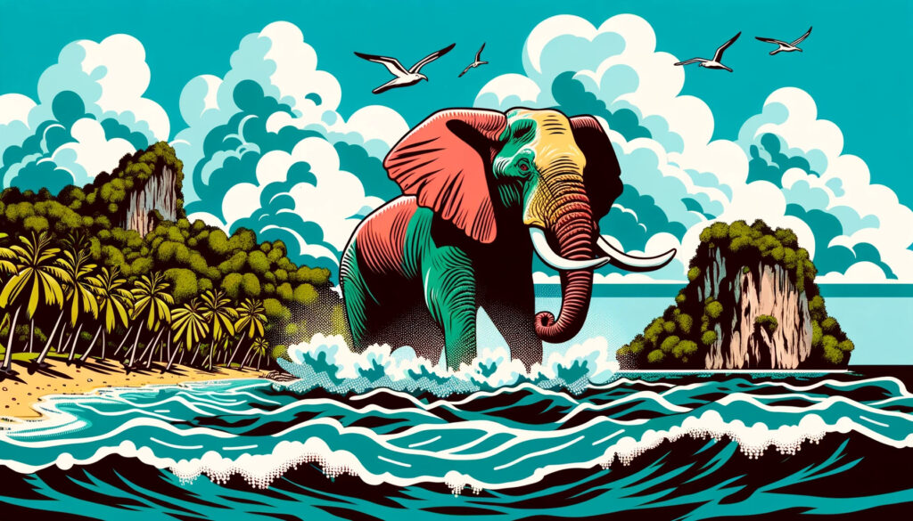 Un éléphant à intelligence artificielle sur la plage utilise de nouvelles techniques de communication.